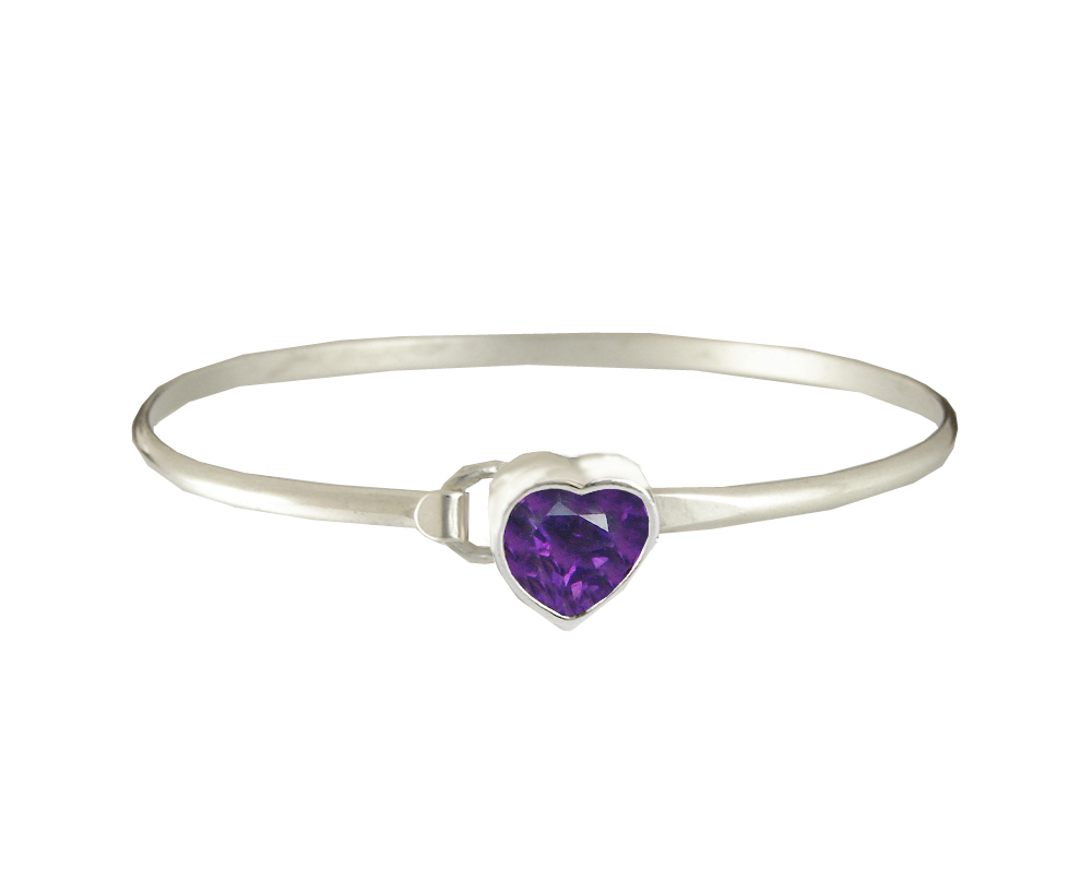 Sterling Silver From the Heart Strap Latch Spring Hook Bangle Bracelet With Amethyst